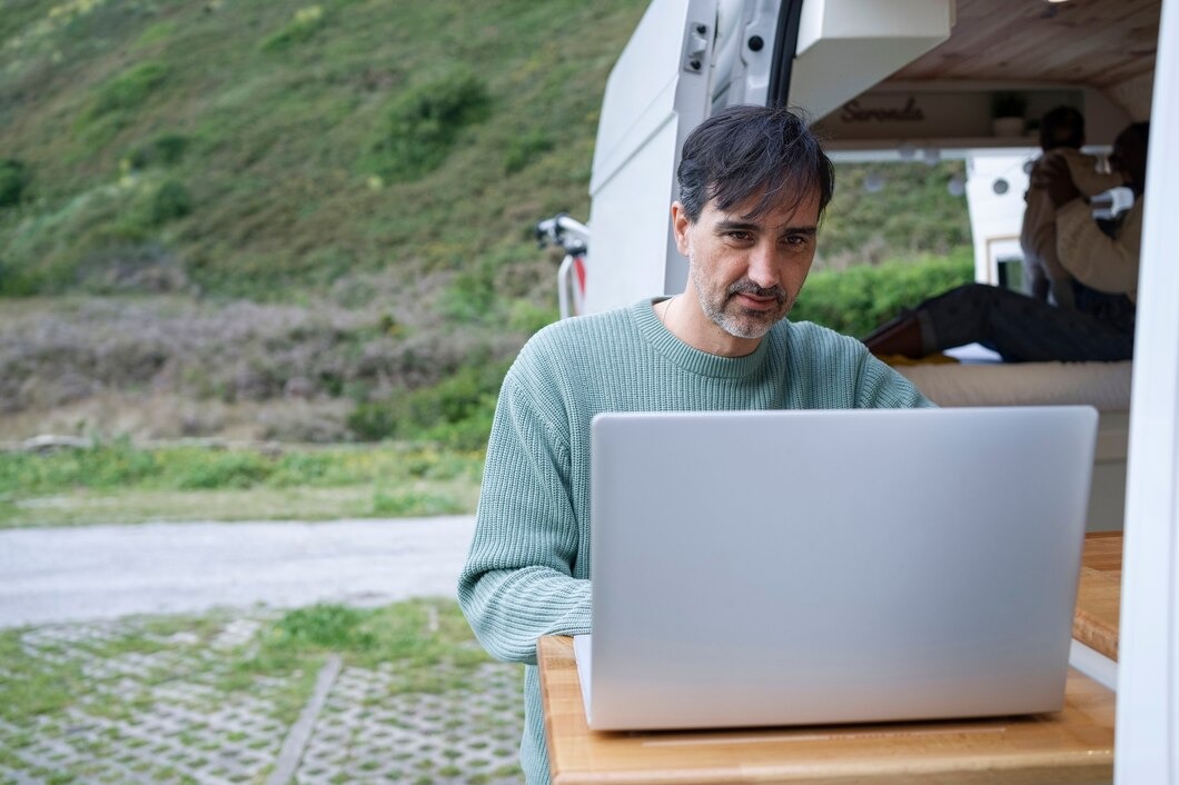 A man sitting at a desk, focused on his laptop computer, with a neutral background