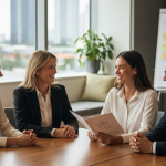 A professional team of four sitting around a boardroom table, smiling and discussing a brochure
