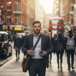 Professional man commuting through a crowded city street with a satchel and takeaway coffee cup