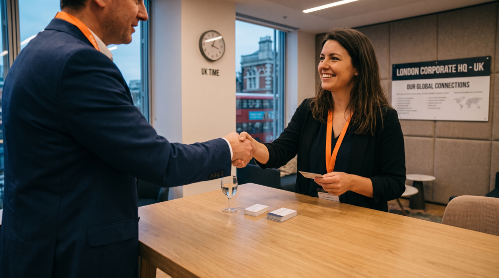 A professional handshake between a man and woman in an office, indicating a successful business interaction