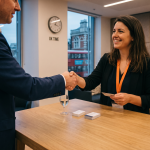 A professional handshake between a man and woman in an office, indicating a successful business interaction